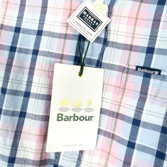 Barbour Furniss Tailored Shirt Pink Plaid Button Down Short Sleeve Sz L Men - Picture 9 of 12
